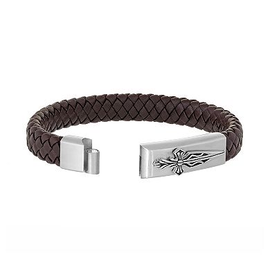 Men's LYNX Stainless Steel Sword Clasp Braided Brown Leather Bracelet