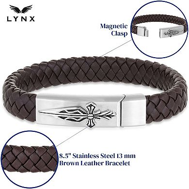 Men's LYNX Stainless Steel Sword Clasp Braided Brown Leather Bracelet