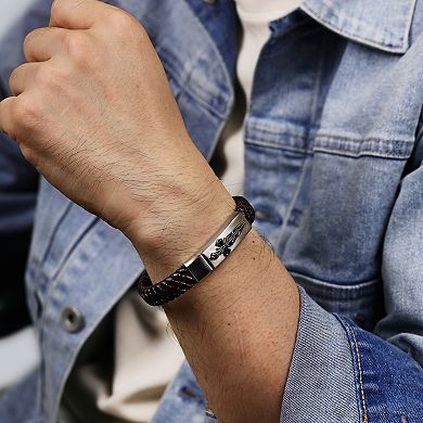 Men's LYNX Stainless Steel Sword Clasp Braided Brown Leather Bracelet