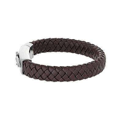 Men's LYNX Stainless Steel Sword Clasp Braided Brown Leather Bracelet