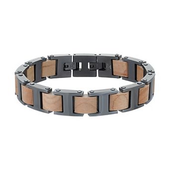 Men's LYNX Gunmetal Gray Ion Plated Stainless Steel Wood Link Bracelet