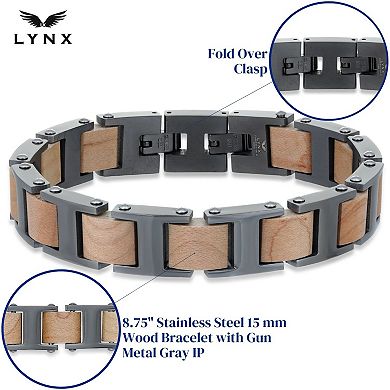 Men's LYNX Gunmetal Gray Ion Plated Stainless Steel Wood Link Bracelet