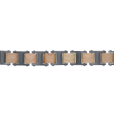 Men's LYNX Gunmetal Gray Ion Plated Stainless Steel Wood Link Bracelet