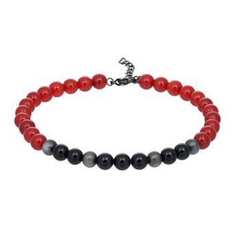 Men's LYNX Stainless Steel Red & Black Agate Bead Bracelet
