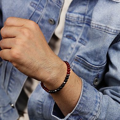 Men's LYNX Stainless Steel Red & Black Agate Bead Bracelet