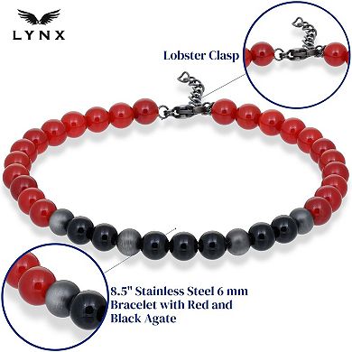 Men's LYNX Stainless Steel Red & Black Agate Bead Bracelet