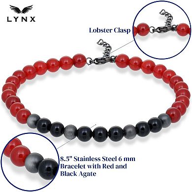 Men's LYNX Stainless Steel Red & Black Agate Bead Bracelet