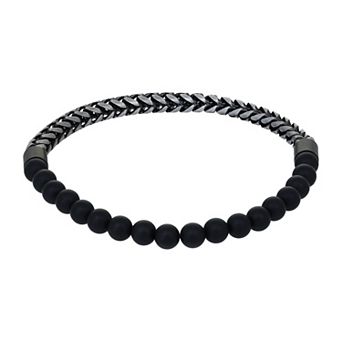 Men's LYNX Stainless Steel Gunmetal Grey & Black Agate Beads Bracelet