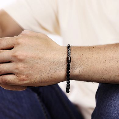 Men's LYNX Stainless Steel Gunmetal Grey & Black Agate Beads Bracelet