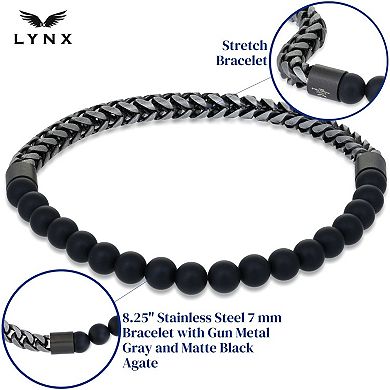 Men's LYNX Stainless Steel Gunmetal Grey & Black Agate Beads Bracelet