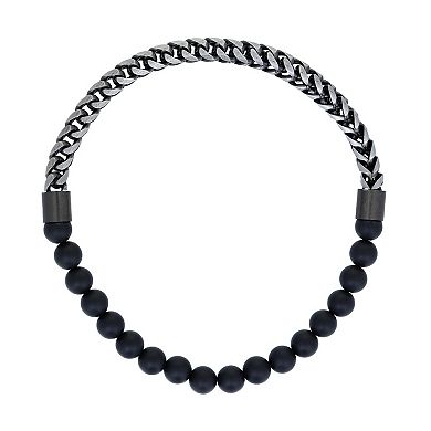 Men's LYNX Stainless Steel Gunmetal Grey & Black Agate Beads Bracelet