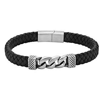 Men's LYNX Stainless Steel & Braided Black Leather Bracelet
