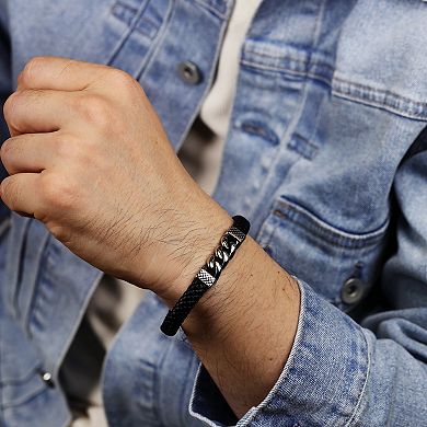 Men's LYNX Stainless Steel & Braided Black Leather Bracelet