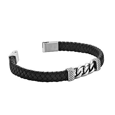 Men's LYNX Stainless Steel & Braided Black Leather Bracelet