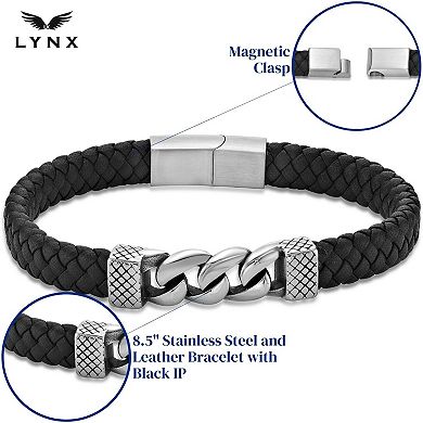 Men's LYNX Stainless Steel & Braided Black Leather Bracelet