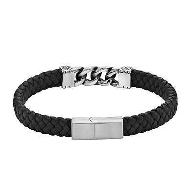 Men's LYNX Stainless Steel & Braided Black Leather Bracelet