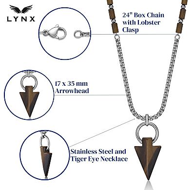 Men's LYNX Stainless Steel Tiger's Eye Arrow Head Pendant Necklace
