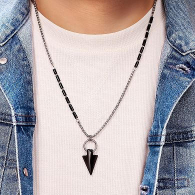 Men's LYNX Stainless Steel Black Agate Arrow Head Pendant Necklace
