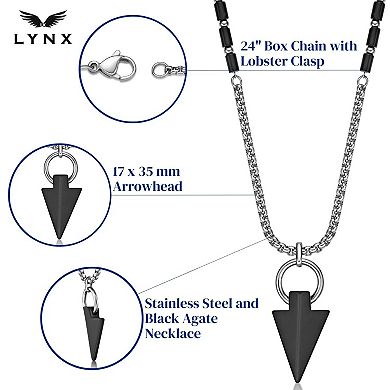 Men's LYNX Stainless Steel Black Agate Arrow Head Pendant Necklace