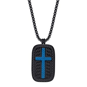Men's LYNX Black & Blue Ion Plated Stainless Steel Cross Dog Tag Pendant Necklace