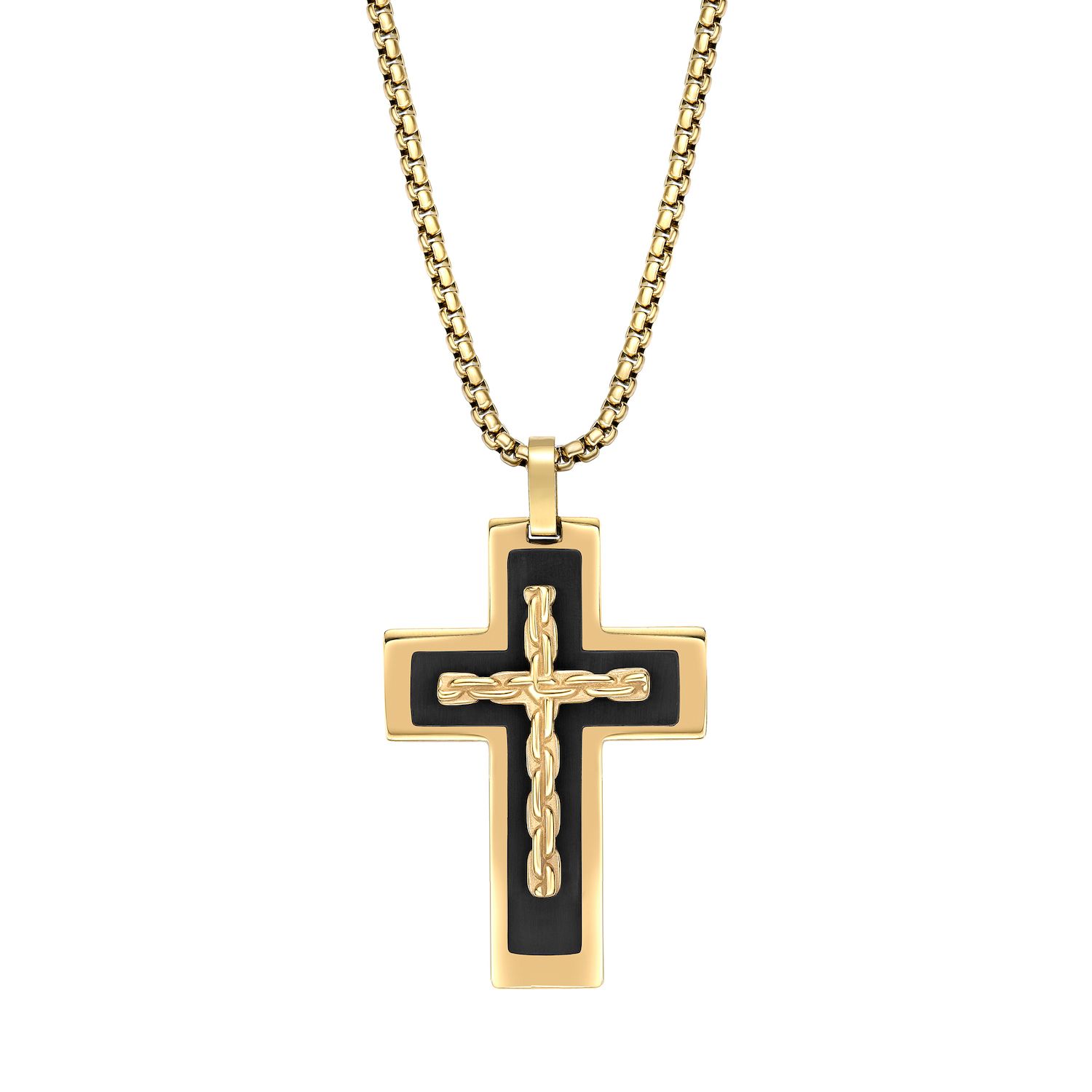 Byzantine Chain Cross Pendant Necklace – 316L Stainless Steel, 2.2” Pendant, Black/Silver/Gold/Rose Gold, Men's