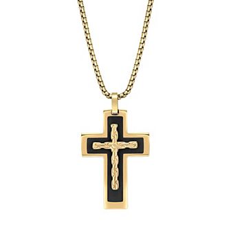 Men's LYNX Black & Gold Tone Ion Plated Stainless Steel Cross Pendant Necklace