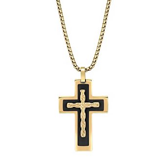 Men's LYNX Black & Gold Tone Ion Plated Stainless Steel Cross Pendant Necklace