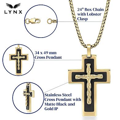 Men's LYNX Black & Gold Tone Ion Plated Stainless Steel Cross Pendant Necklace