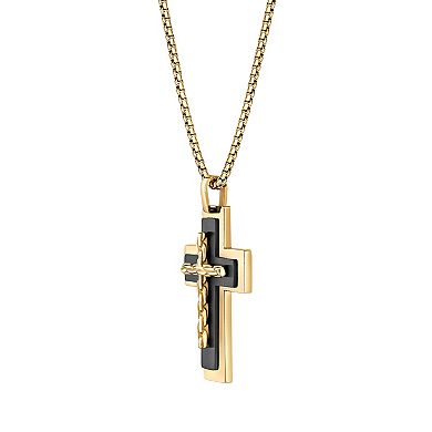 Men's LYNX Black & Gold Tone Ion Plated Stainless Steel Cross Pendant Necklace