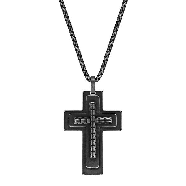 Men's LYNX Antiqued Black Ion Plated Stainless Steel Layered Cross ...