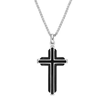 Men's LYNX Stainless Steel & Black Wood Cross Pendant Necklace