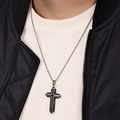 Men's LYNX Stainless Steel & Black Wood Cross Pendant Necklace