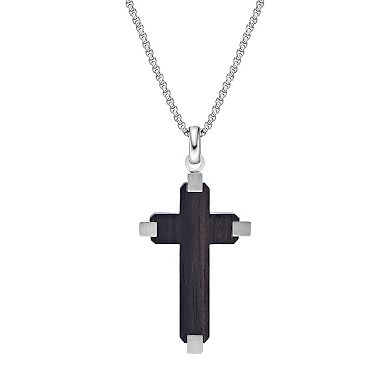 Men's LYNX Stainless Steel & Black Wood Cross Pendant Necklace