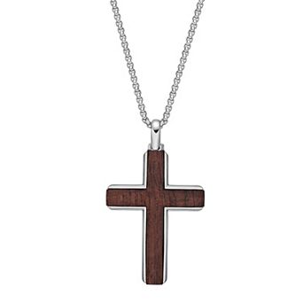 Men's LYNX Stainless Steel & Bubinga Wood Polished Cross Pendant Necklace