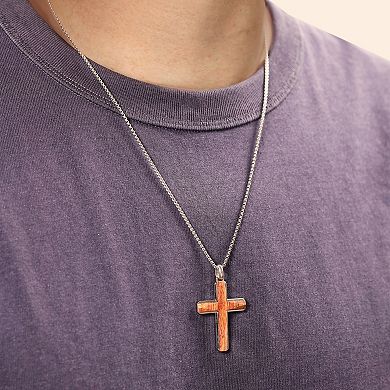 Men's LYNX Stainless Steel & Bubinga Wood Polished Cross Pendant Necklace