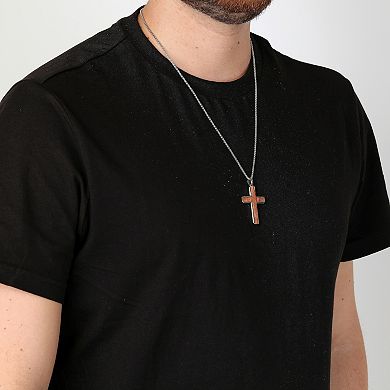 Men's LYNX Stainless Steel & Bubinga Wood Polished Cross Pendant Necklace