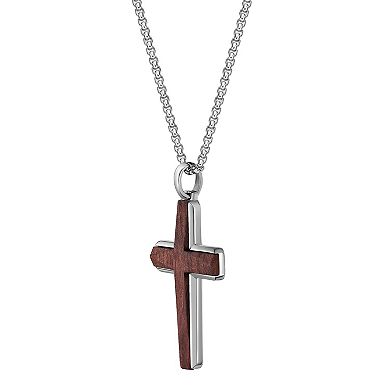 Men's LYNX Stainless Steel & Bubinga Wood Polished Cross Pendant Necklace