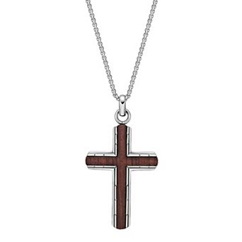 Men's LYNX Stainless Steel & Bubinga Wood Textured Cross Pendant Necklace