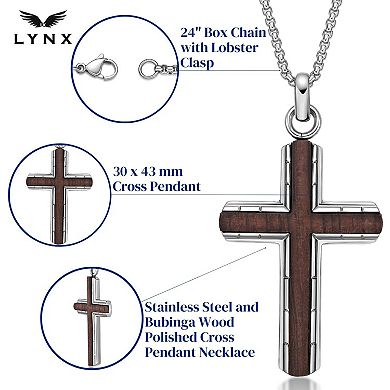 Men's LYNX Stainless Steel & Bubinga Wood Textured Cross Pendant Necklace
