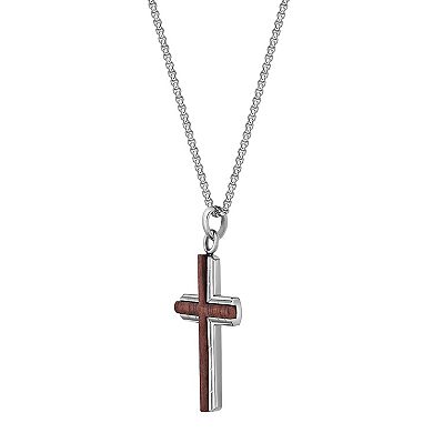 Men's LYNX Stainless Steel & Bubinga Wood Textured Cross Pendant Necklace