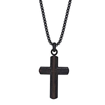 Men's LYNX Black Ion Plated Stainless Steel & Ebony Wood Cross Pendant Necklace