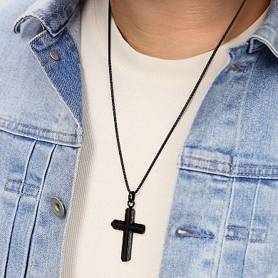 Men's LYNX Black Ion Plated Stainless Steel & Ebony Wood Cross Pendant Necklace