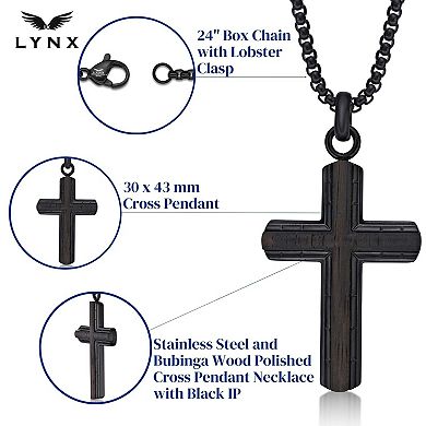 Men's LYNX Black Ion Plated Stainless Steel & Ebony Wood Cross Pendant Necklace