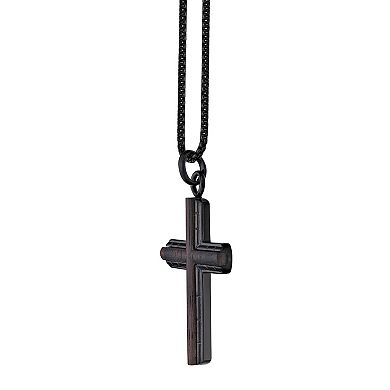 Men's LYNX Black Ion Plated Stainless Steel & Ebony Wood Cross Pendant Necklace