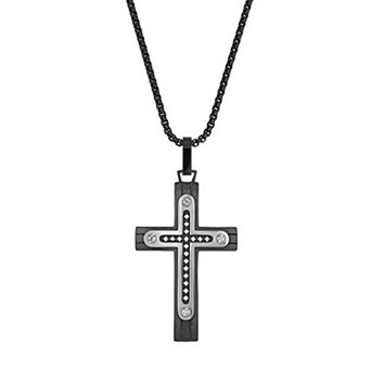 Men's LYNX Black Ion Plated Stainless Steel Cubic Zirconia Cross Pendant Necklace