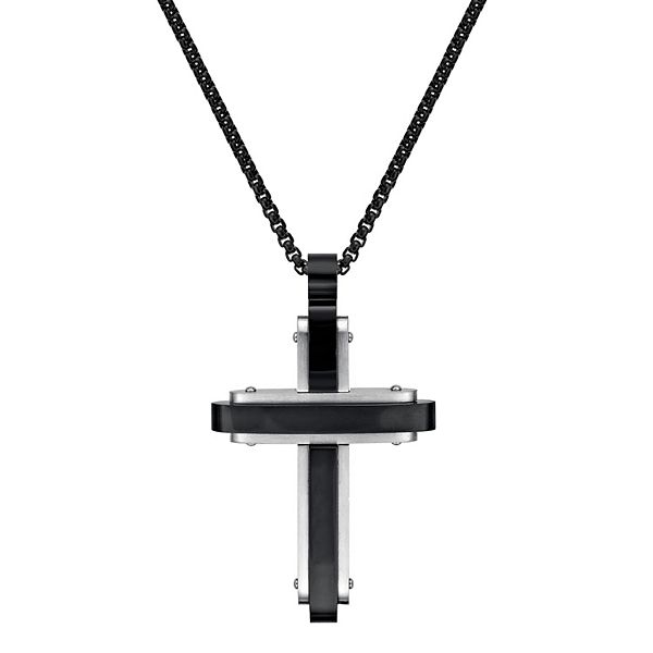 Men's LYNX TwoTone Black Ion Plated Stainless Steel Cross Pendant Necklace