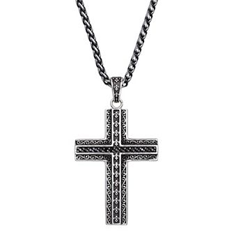 Men's LYNX Two-Tone Black Plated Stainless Steel Black Cubic Zirconia Cross Pendant Necklace