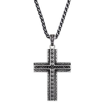 Men's LYNX Two-Tone Black Plated Stainless Steel Black Cubic Zirconia Cross Pendant Necklace