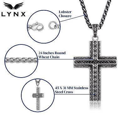 Men's LYNX Two-Tone Black Plated Stainless Steel Black Cubic Zirconia Cross Pendant Necklace
