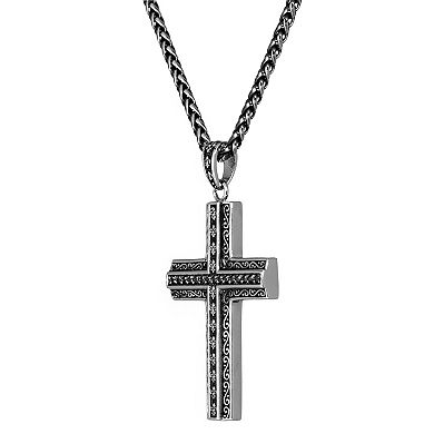 Men's LYNX Two-Tone Black Plated Stainless Steel Black Cubic Zirconia Cross Pendant Necklace
